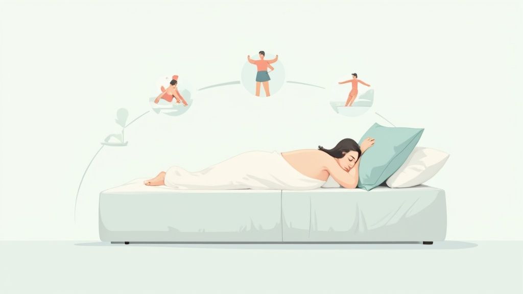 A woman sleeps comfortably on her side on a mattress, with illustrations of various sleeping positions floating above.