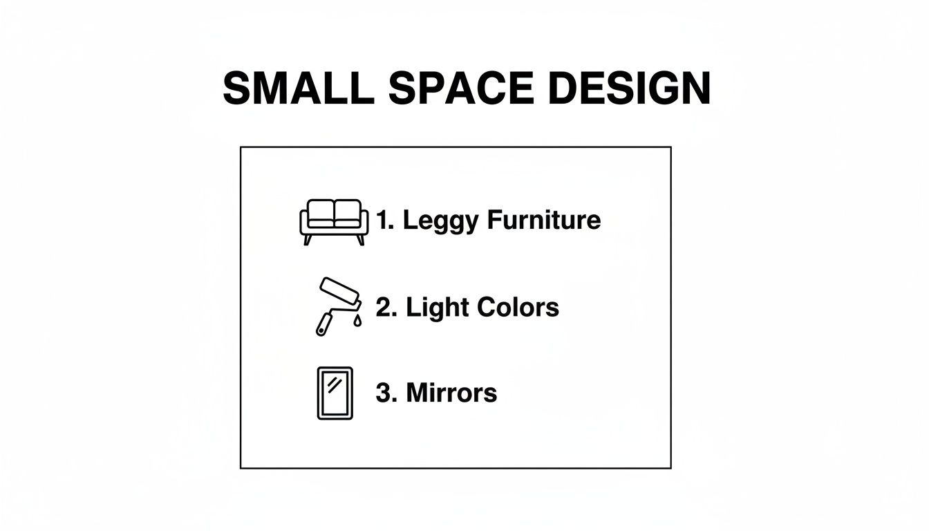 A graphic listing three small space design tips: leggy furniture, light colors, and mirrors.