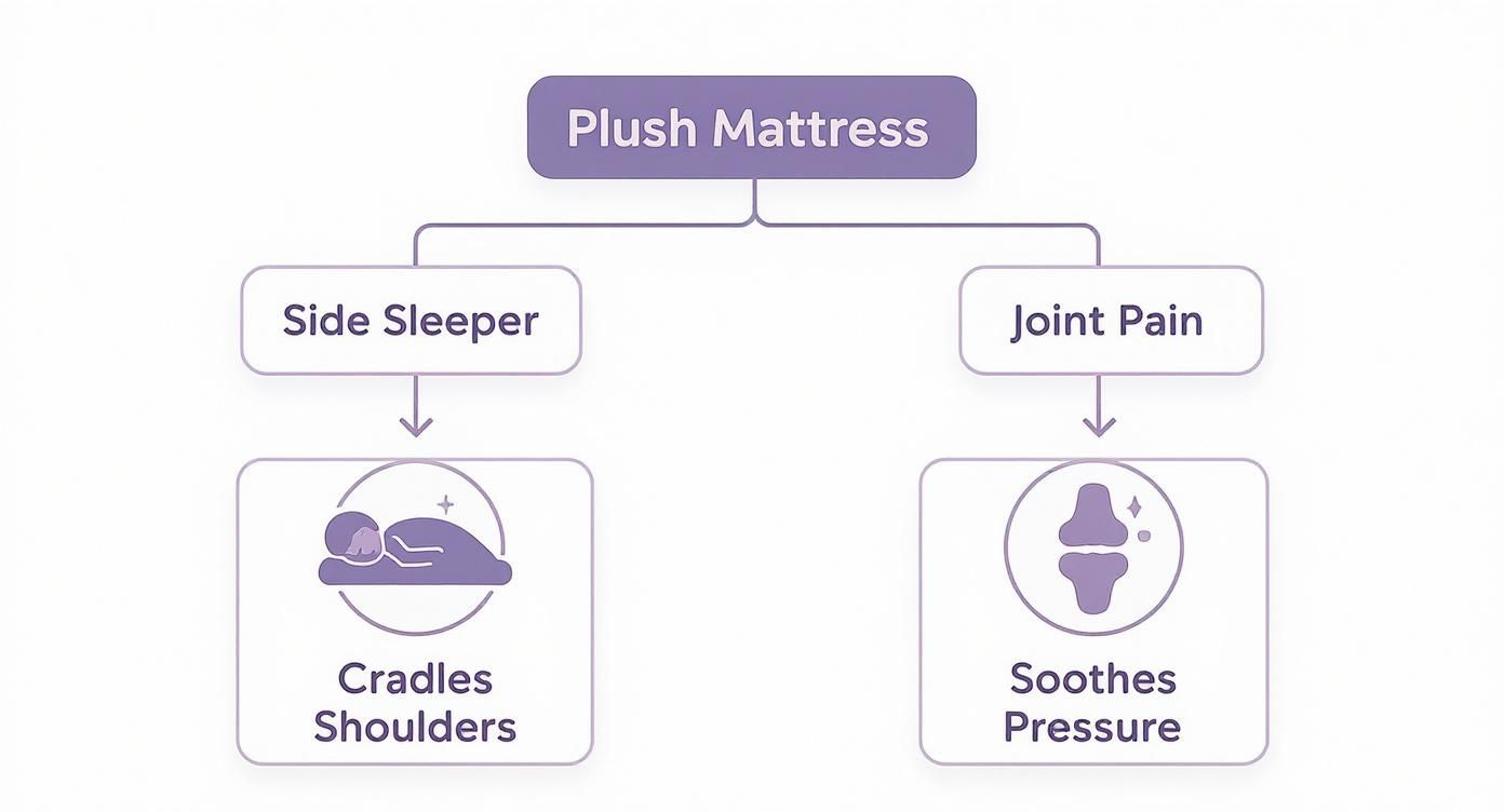 Diagram showing plush mattress benefits: cradles shoulders for side sleepers and soothes pressure for joint pain.