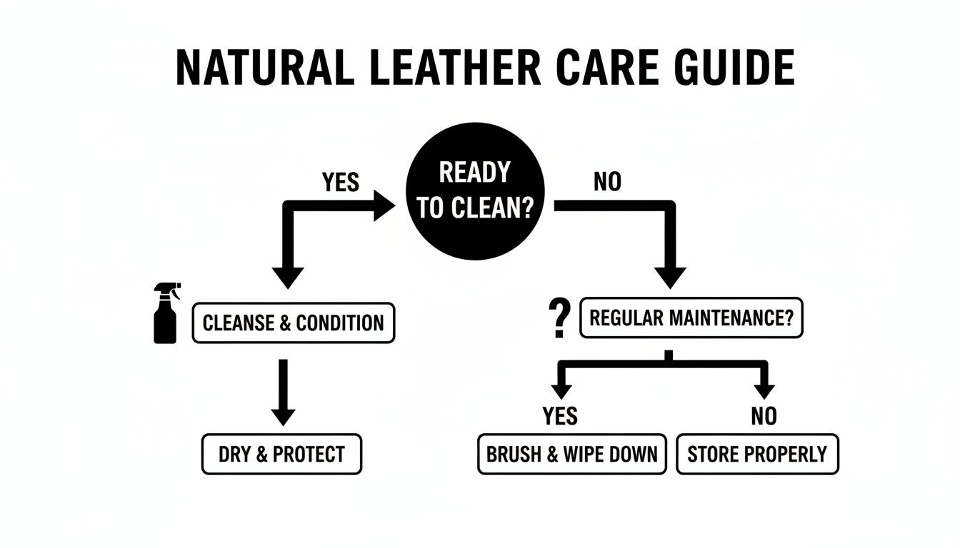 A flowchart outlining a natural leather care guide, including steps for cleaning, conditioning, drying, and maintenance.