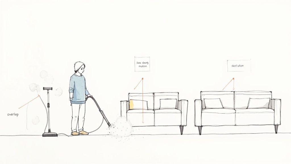 Diagram illustrating a person using a steam cleaner on a couch, showing steady motion and overlap for effective cleaning.
