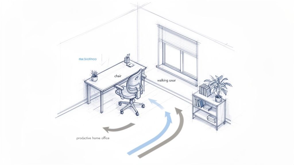 An isometric sketch of a productive home office with a desk, ergonomic chair, window, bookshelf, and workflow arrows.