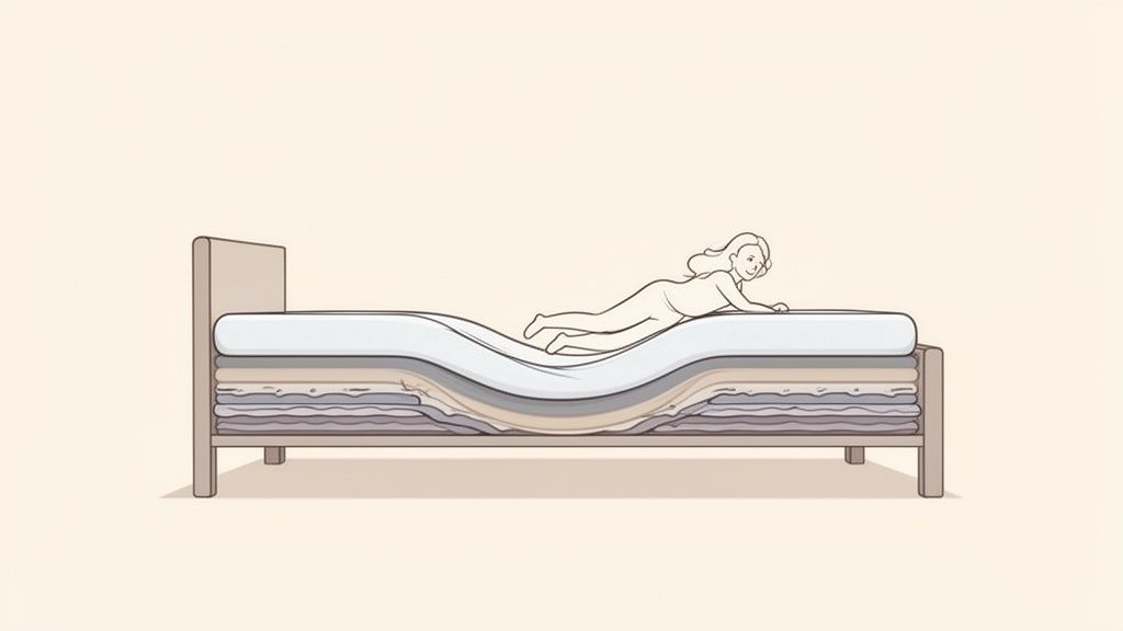An illustration of a woman sinking into a soft mattress, revealing multiple comfort layers within a bed frame.
