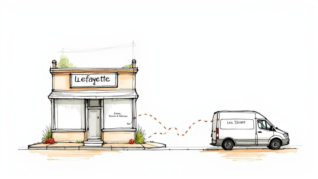Sketch of LleFayette store and Loic JBGrare delivery van connected by a dotted line.