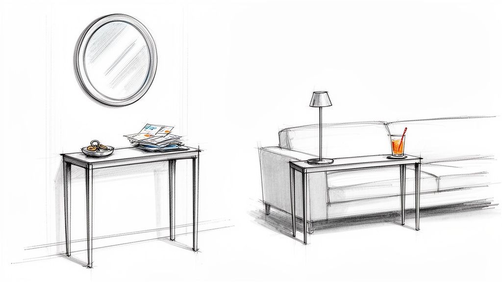 Sketches of two console tables in home settings, one with mirror, one with sofa.