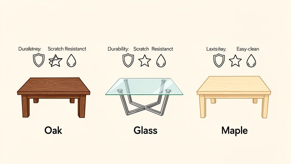 Comparison of oak, glass, and maple coffee tables highlighting durability, scratch resistance, and easy-clean features.