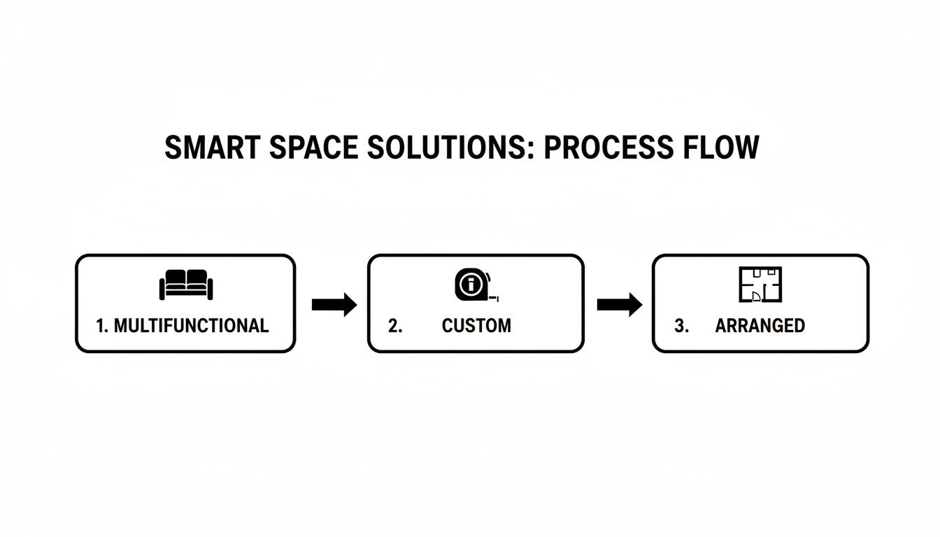 Process flow for smart space solutions: multifunctional furniture, custom designs, and arranged layouts.