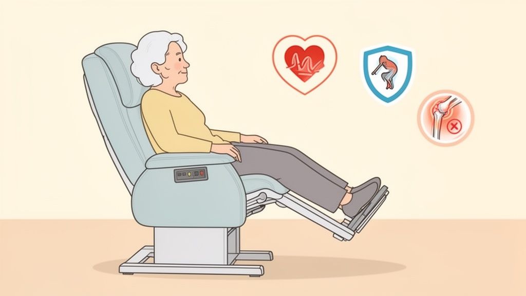 Elderly woman relaxing in an adjustable recliner chair, surrounded by icons representing health benefits.
