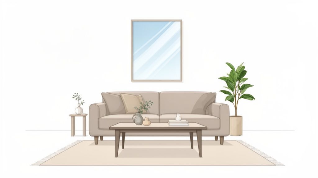 A minimalist living room with a beige sofa, coffee table, a mirror, and a potted plant.