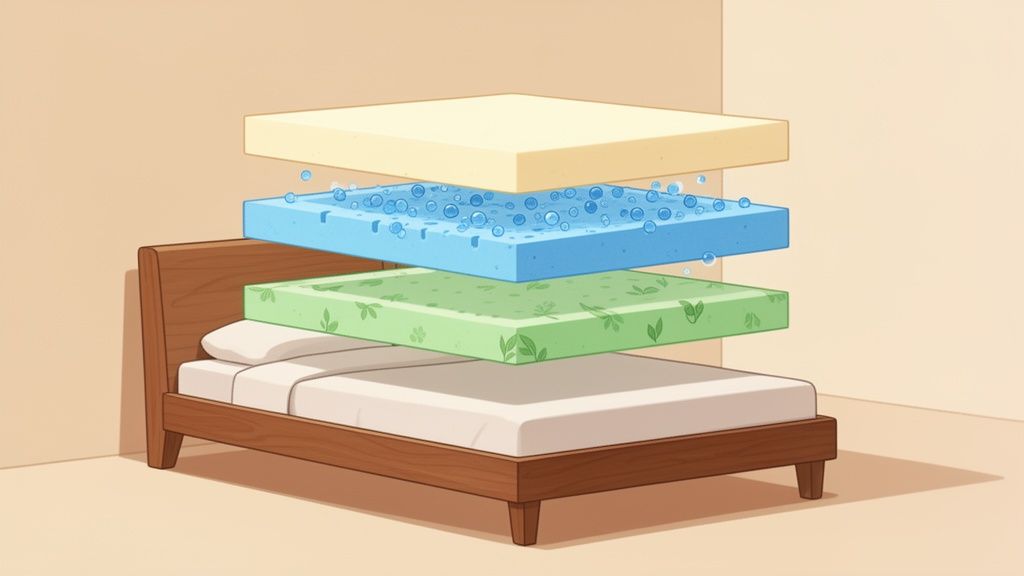Exploded view of a multi-layer mattress, revealing different foam and gel comfort layers floating above a bed frame.