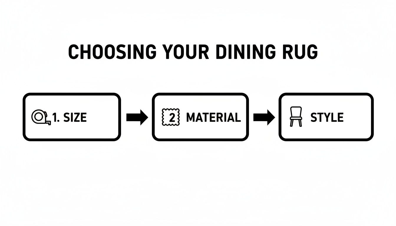 A flowchart showing steps to choose a dining rug: 1. Size, 2. Material, 3. Style.