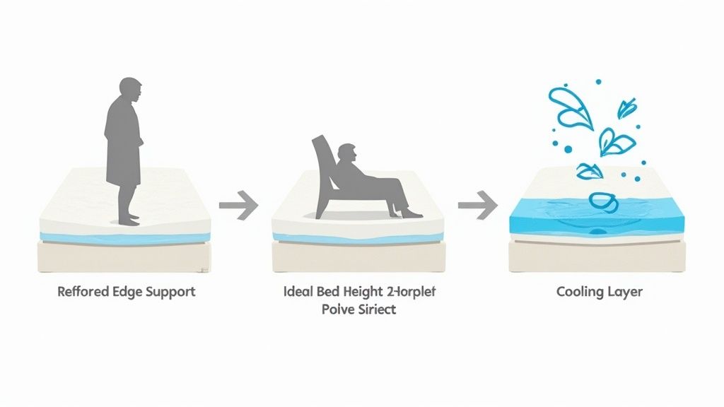Three diagrams showcasing mattress features: reinforced edge support, ideal bed height for sitting, and a cooling layer.