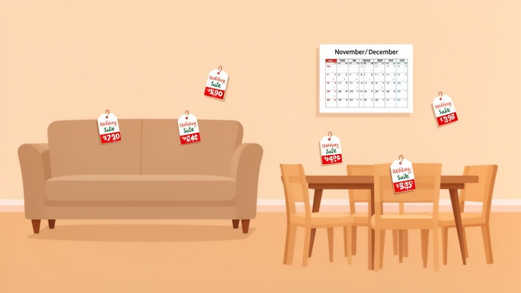 Illustration of a living space with sofa, dining table, and holiday sale price tags during November/December.