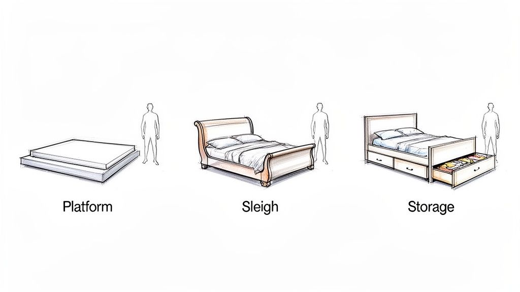 Three distinct bed frame styles: platform, sleigh, and storage, with a person for scale.