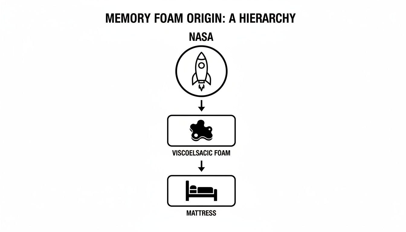 A black and white diagram showing the origin hierarchy of memory foam, from NASA to mattresses.