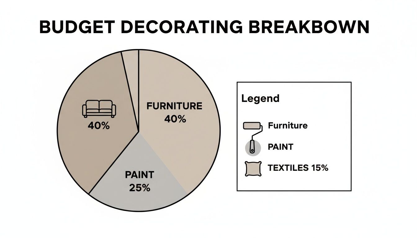 Pie chart illustrating decorating budget breakdown: Furniture 40%, Paint 25%, and Textiles 15%.