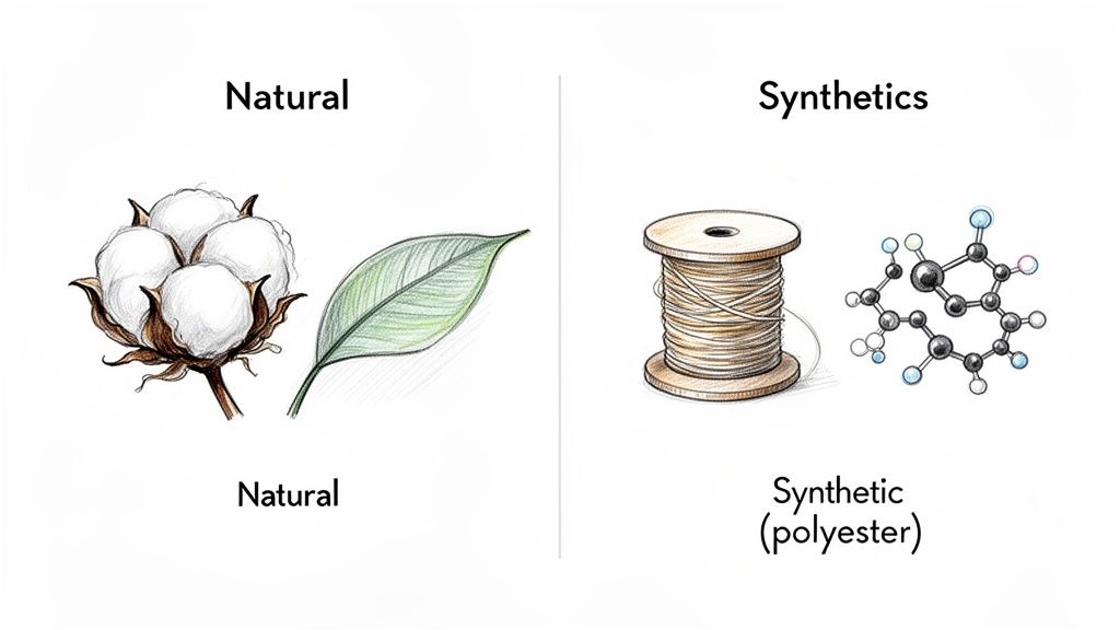 Visual comparison between natural fibers like cotton and synthetic polyester with their raw forms.