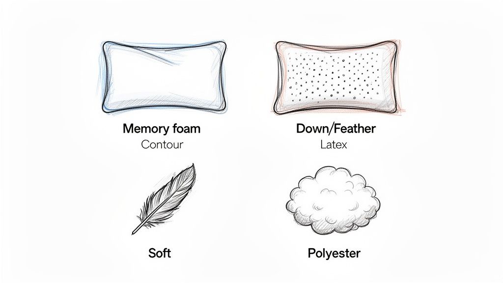 Illustrations depicting different pillow types: memory foam contour, down/feather, latex, soft feather, and polyester.