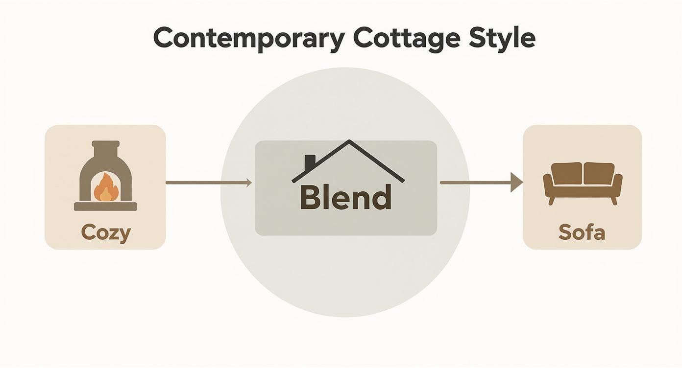 Diagram showing Contemporary Cottage Style as a blend of cozy elements and sofa comfort.