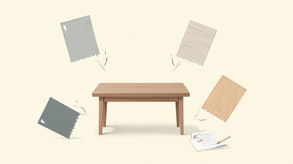 A wooden table surrounded by falling paint color and wood grain swatches, with papers and a pencil on the floor.