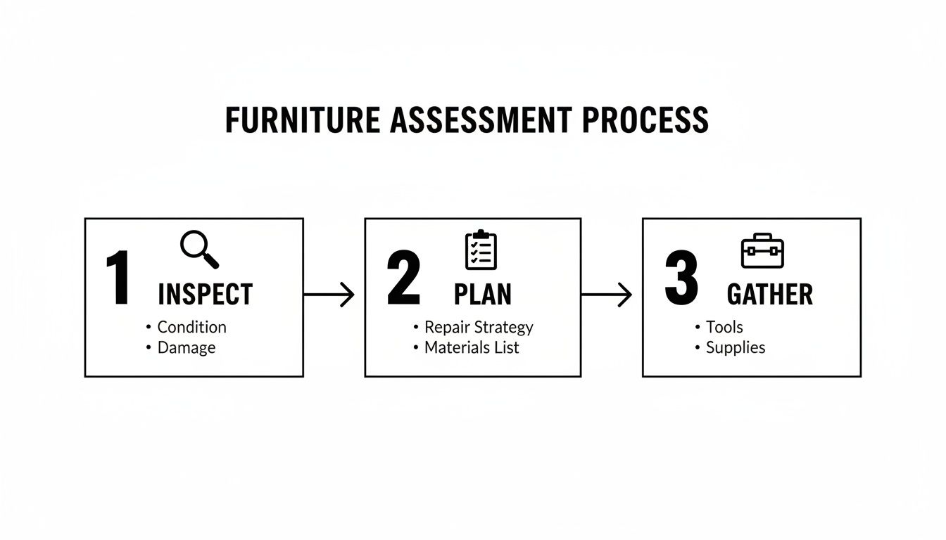 Flowchart detailing a three-step furniture assessment process: inspect, plan, and gather for repair.