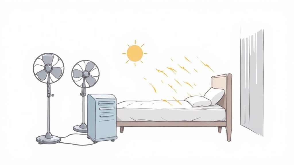 Two fans, an air conditioner, and sunbeams illuminate a bed, illustrating a drying setup.