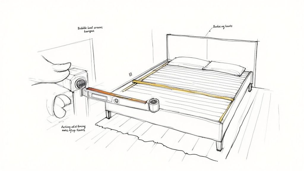 A detailed sketch illustrating a person using a bubble level tool to adjust and level a bed frame.