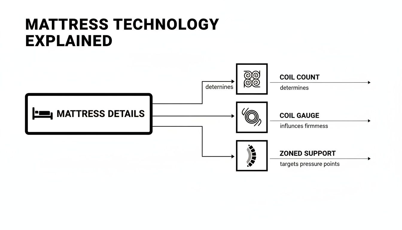 A diagram explaining mattress technology, detailing coil count, coil gauge, and zoned support features.