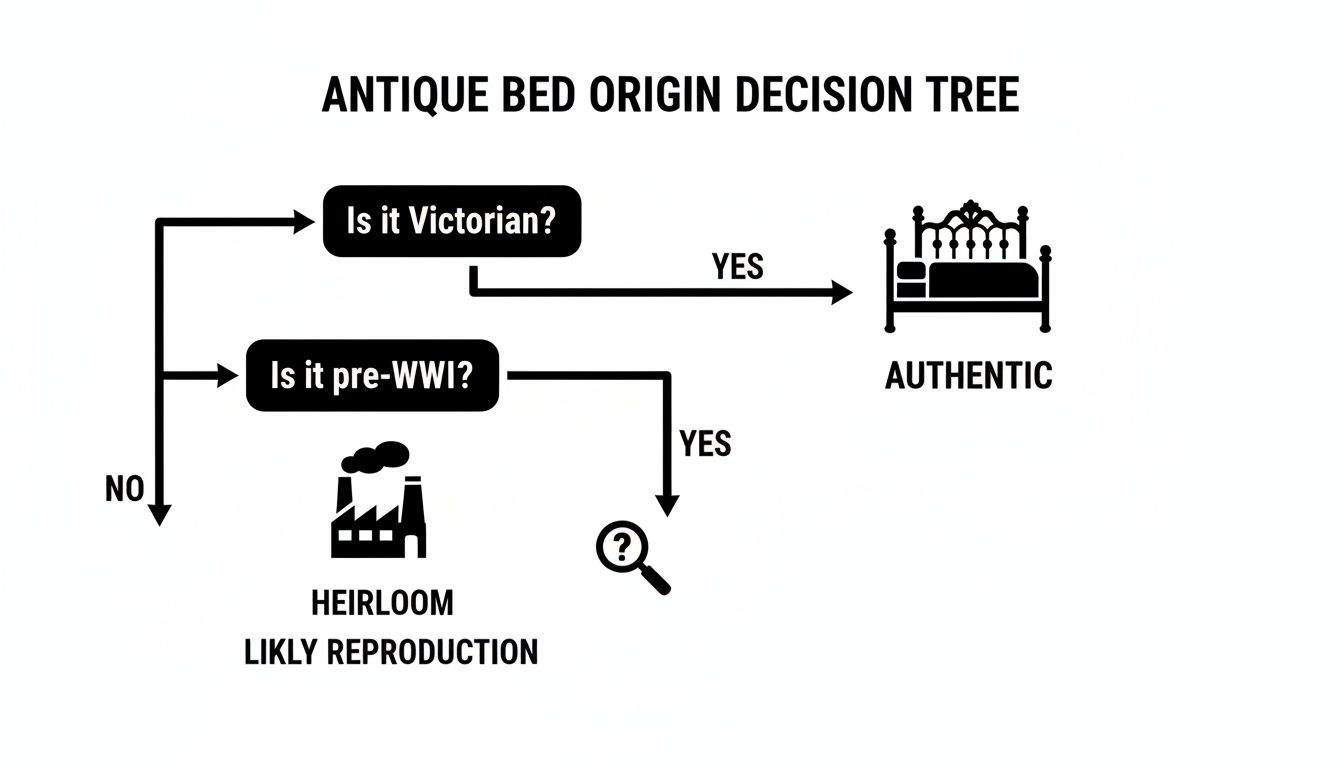 Decision tree for antique bed origin, asking if it's Victorian or pre-WWI, leading to authentic, heirloom, or further investigation.