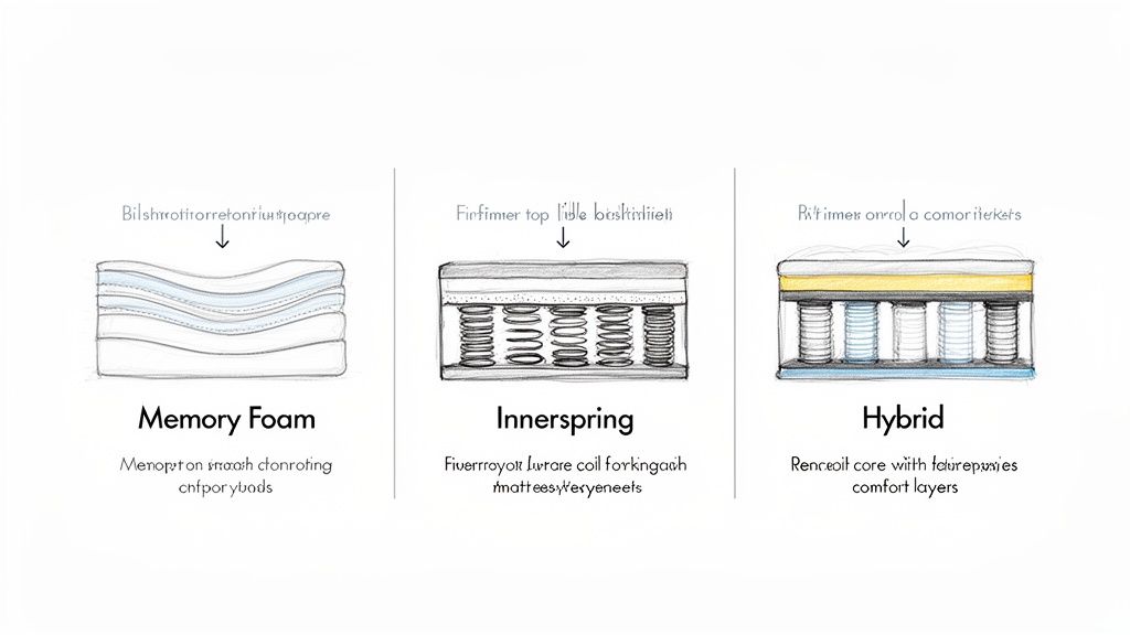 Diagrams illustrating the internal construction of Memory Foam, Innerspring, and Hybrid mattress types, comparing their layers.