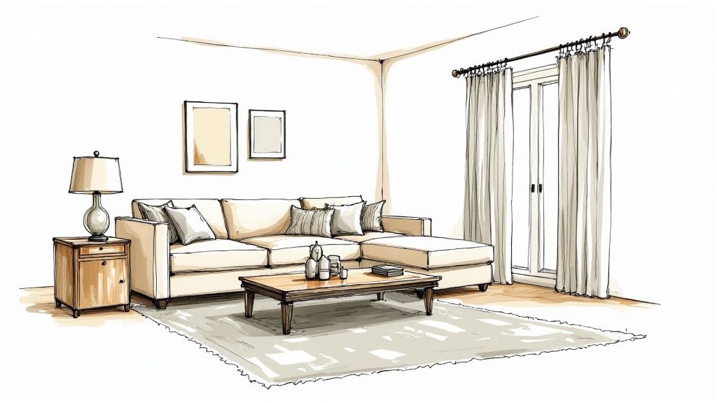 A beautifully arranged living room with a cohesive mix of textures and decor items.