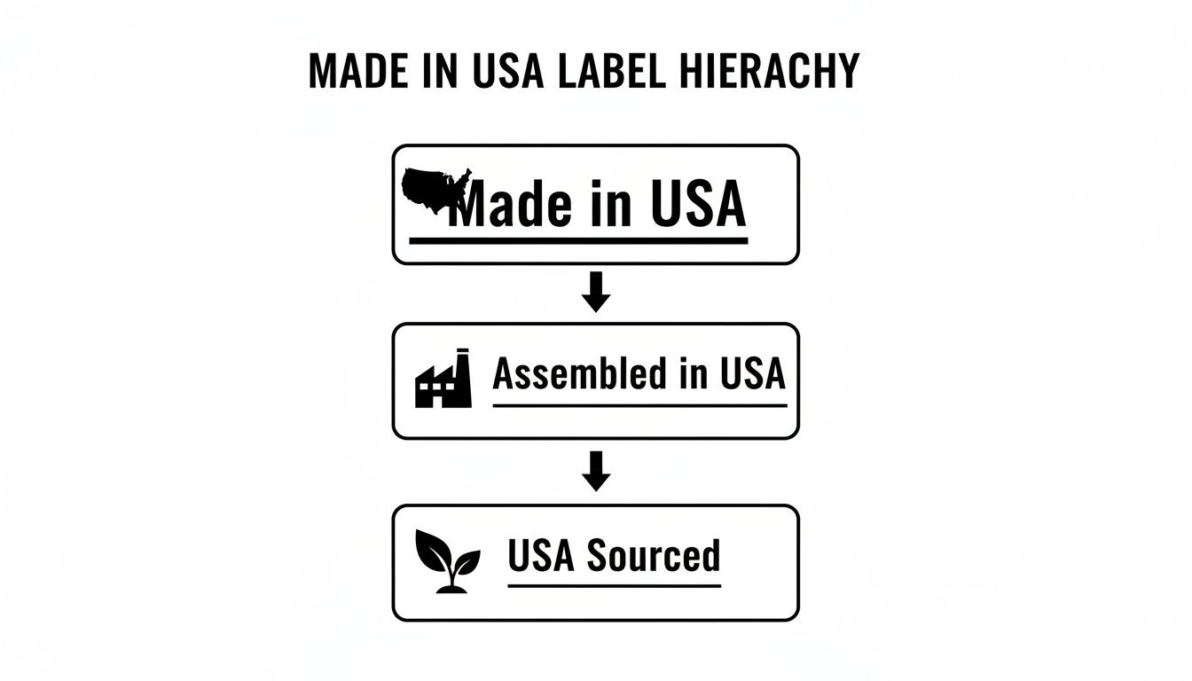 A flowchart showing the 'Made in USA' label hierarchy: Made in USA, Assembled in USA, and USA Sourced.