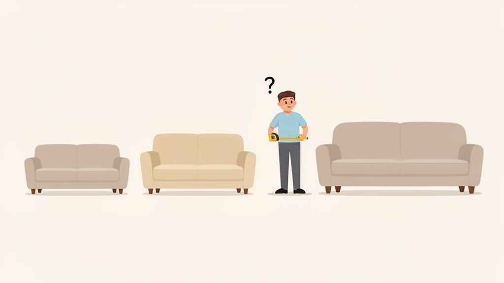 A man with a measuring tape looks confused next to three sofas of different sizes.