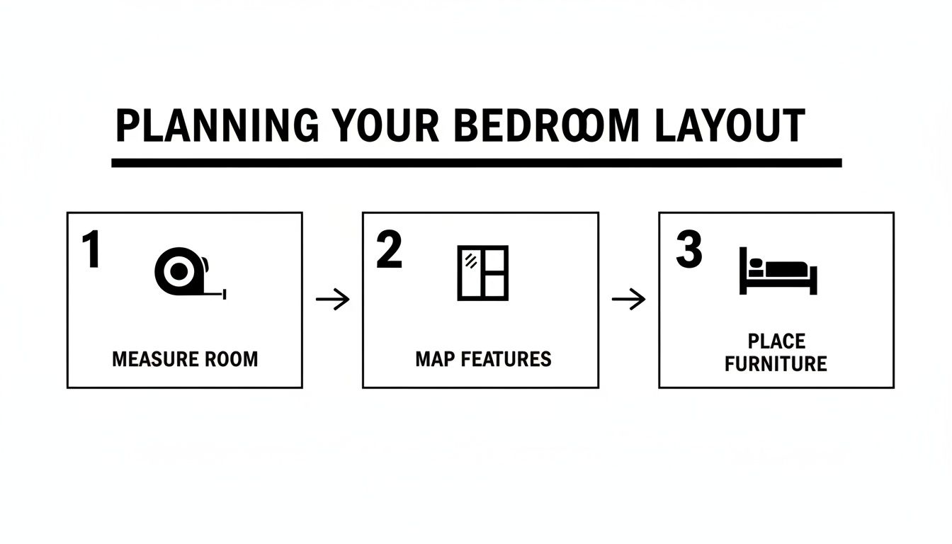 A three-step diagram illustrates planning your bedroom layout: Measure Room, Map Features, and Place Furniture.
