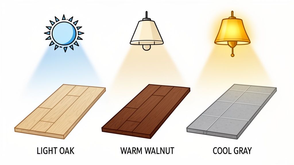 Three flooring samples (light oak, warm walnut, cool gray) under different light sources (sun, two lamps).