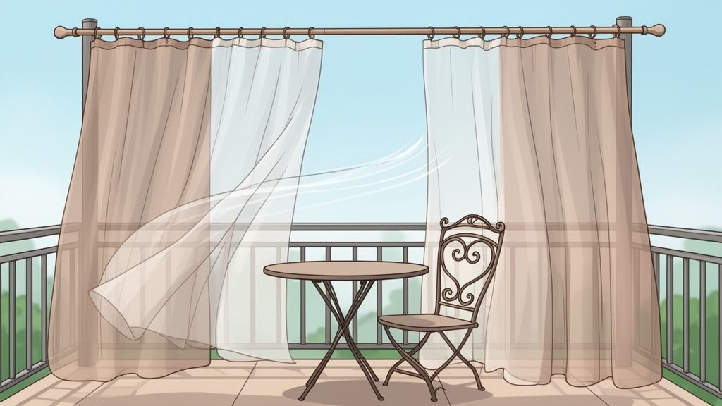 Sheer curtains blowing in the wind on a bright balcony with a table and chair.
