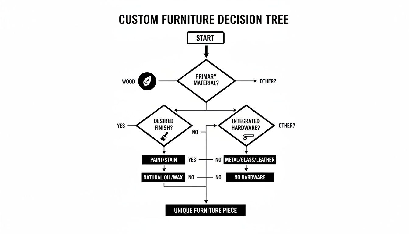 A black and white flowchart showing a custom furniture decision tree process.