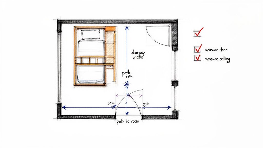 Top-down sketch of a room with a bunk bed, showing doorway width and path measurements, plus a checklist.