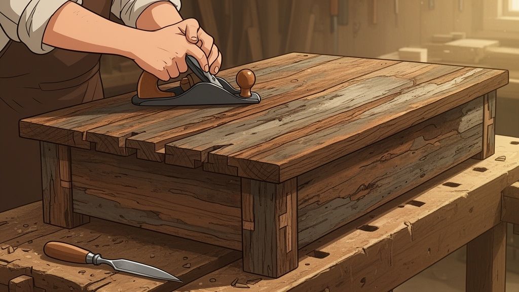 A person uses a hand plane to smooth a reclaimed wooden rectangular coffee table on a workbench.