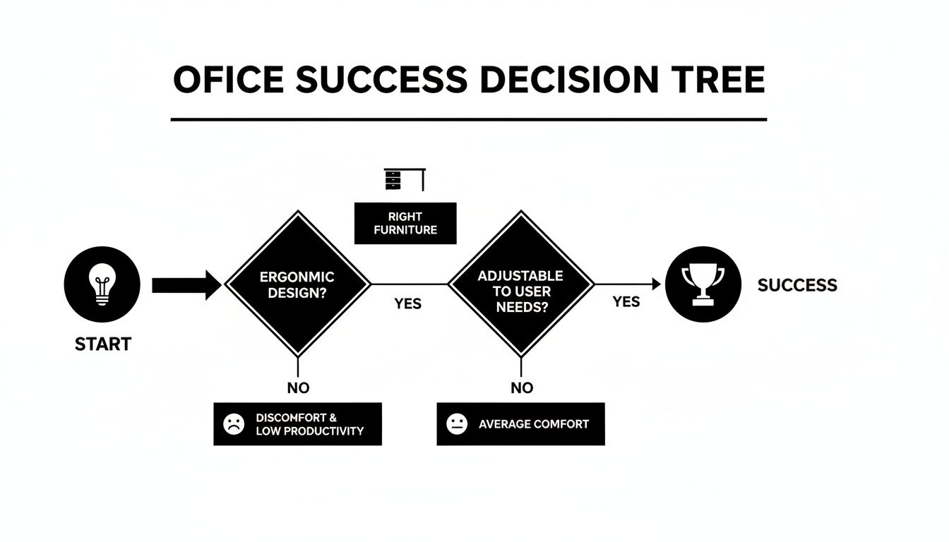 A decision tree flowchart illustrating how ergonomic and adjustable office furniture leads to success.