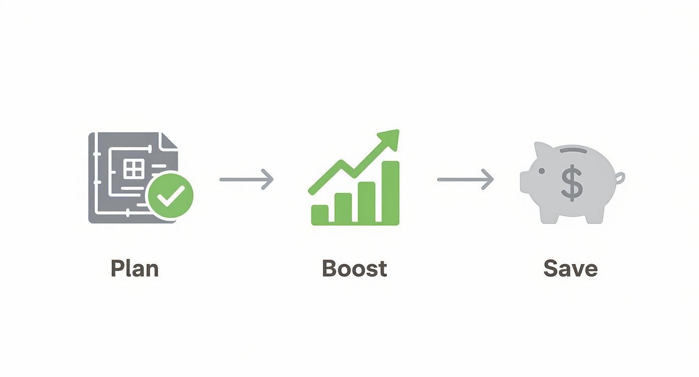 Infographic showing the process of planning, boosting productivity, and saving money through office space planning.