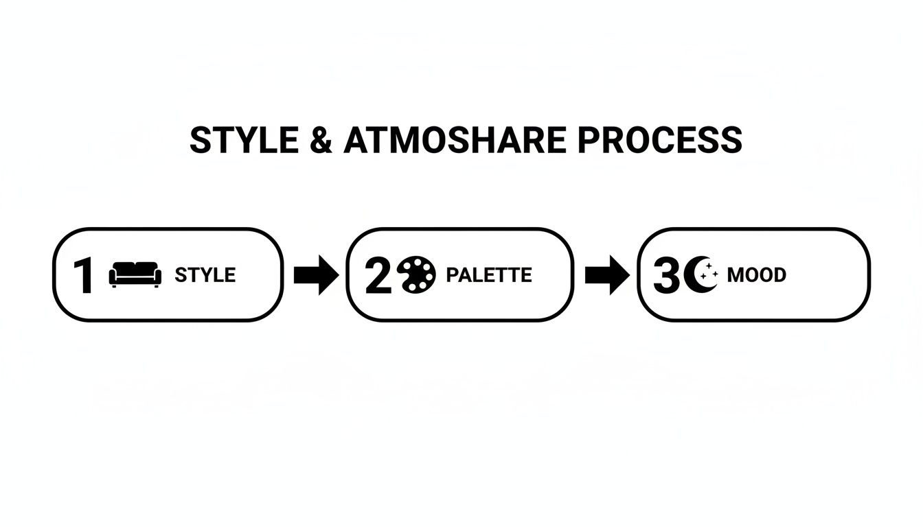 A diagram illustrating the Style & Atmoshare Process with steps: Style, Palette, and Mood.