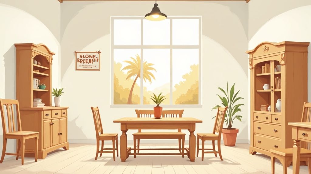 A brightly lit dining room with wooden furniture, plants, and a large window overlooking a sunny landscape.