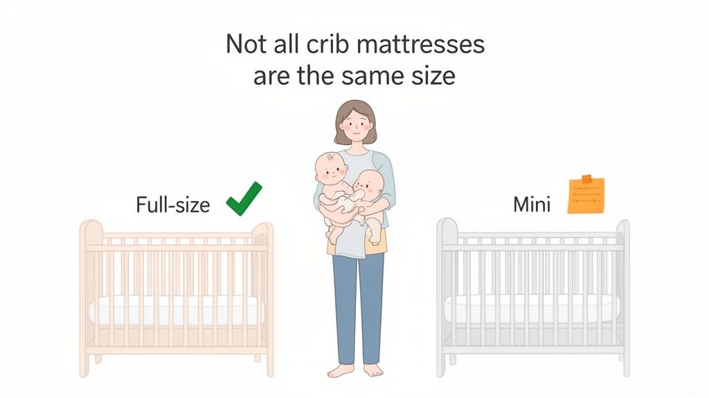 Illustration showing a full-size crib with a checkmark and a mini crib, emphasizing different mattress sizes.
