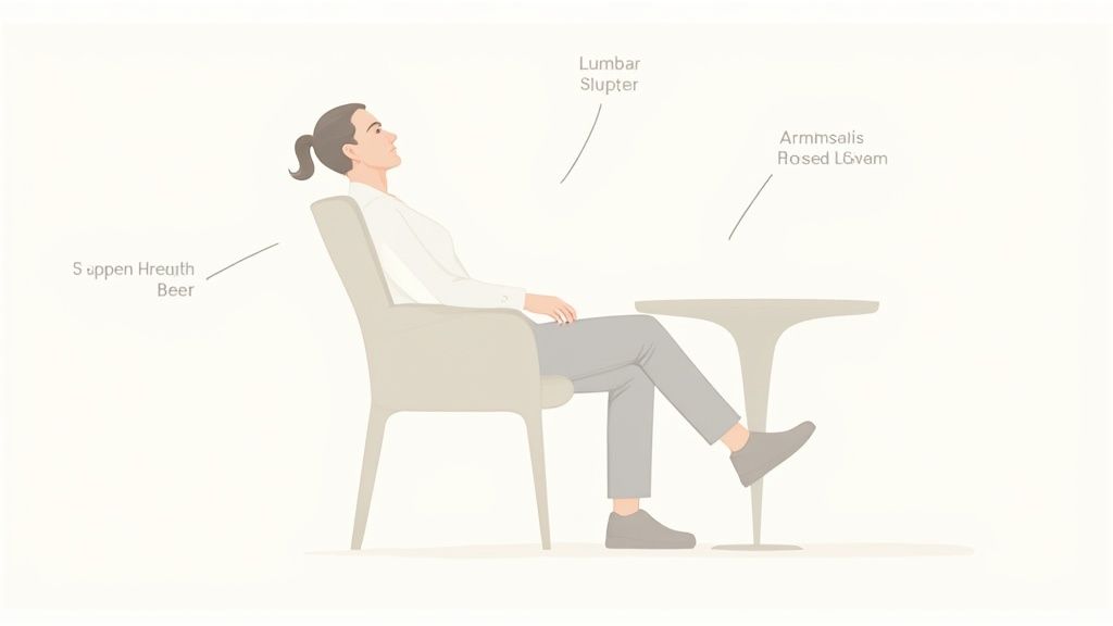 Cartoon of a person with a ponytail sitting relaxed in a chair, looking up with text labels.