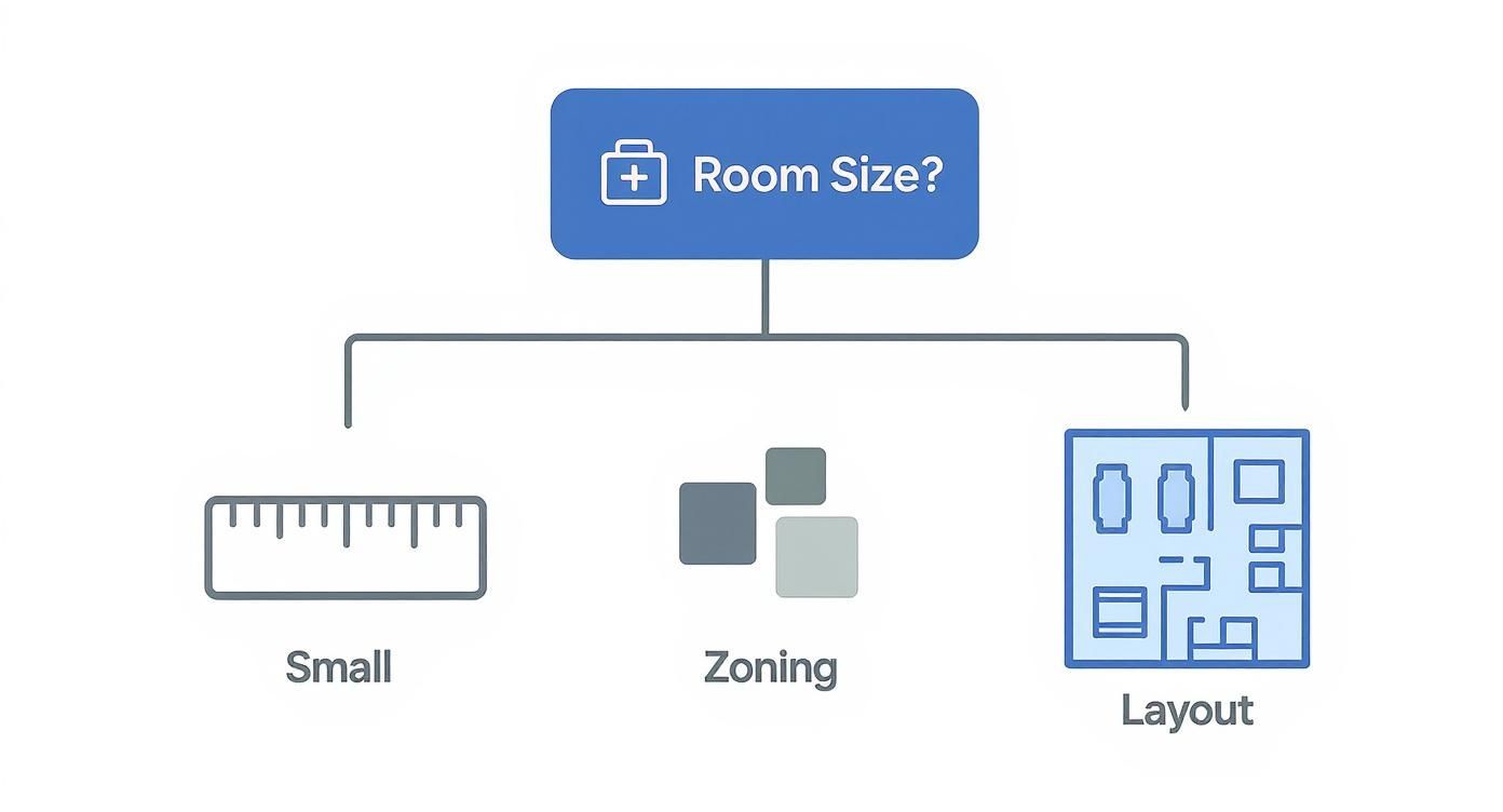 Flowchart showing three room size categories: small with ruler, zoning with squares, layout with floor plan
