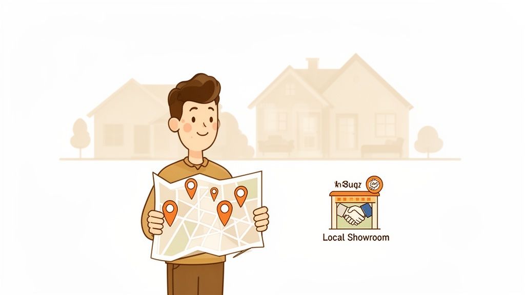 Cartoon man holds a map with location pins, indicating local showrooms near houses.