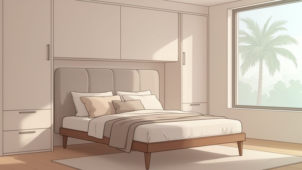 Bright, modern bedroom with an upholstered headboard, built-in wardrobes, and a large window overlooking a palm tree.