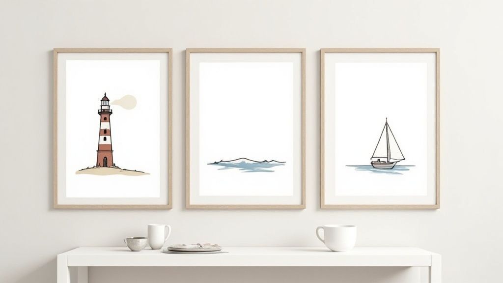 Three framed nautical-themed minimalist artworks displayed on a white wall above a console table.