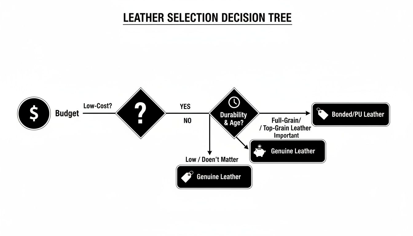 A decision tree flowchart for selecting leather based on budget, durability, and specific leather types.